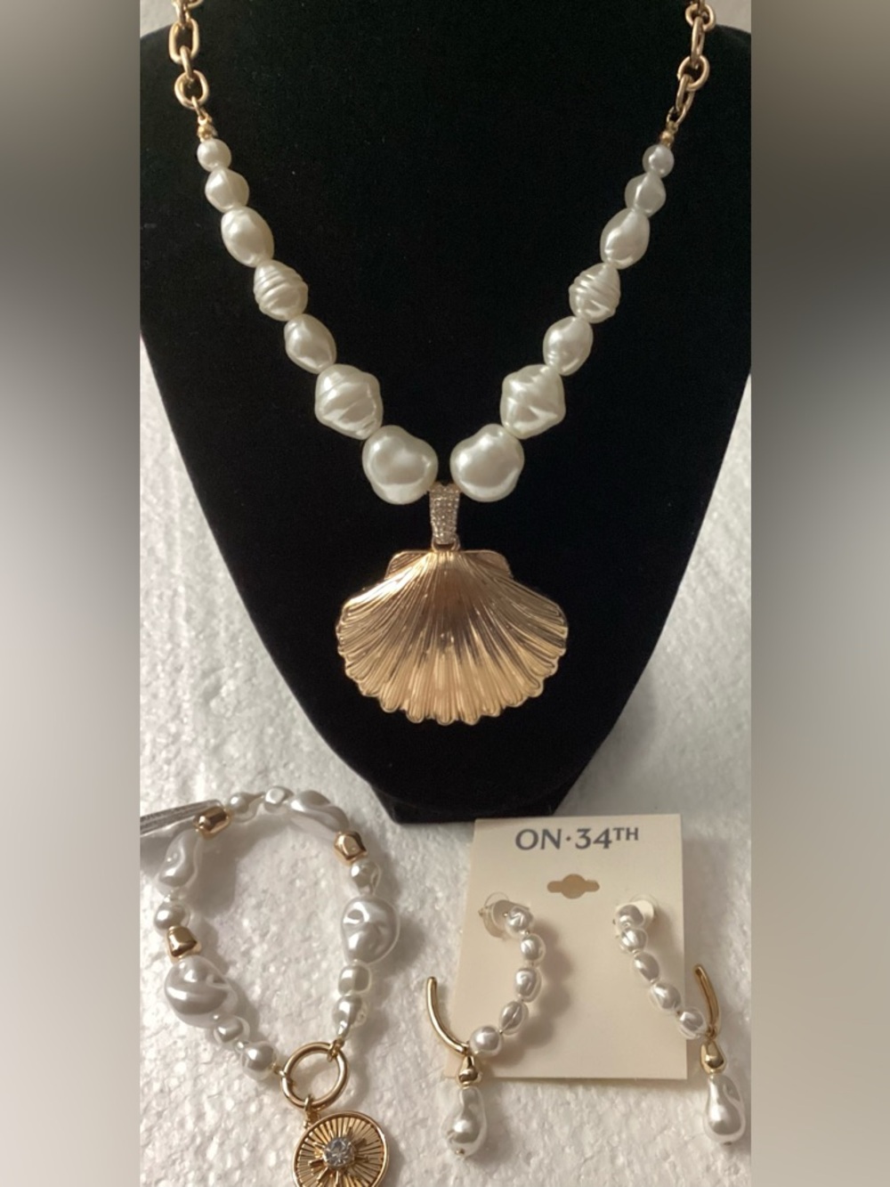 Pearl and Gold-Tone Shell Pendant Necklace, Earrings & Stretch Bracelet Set